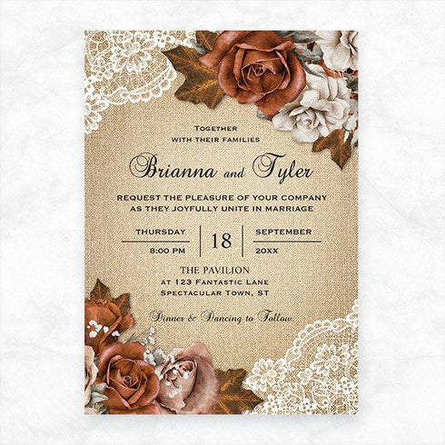 rustic earthy burlap dusty terracotta rose affordable wedding invitation CWIF51